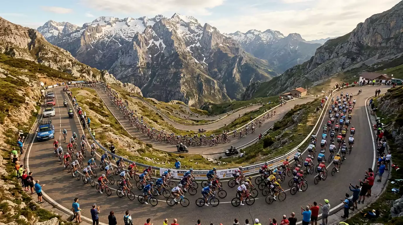 Ciclistas profesionales en el peloton de una gran vuelta con cuotas de apuestas superpuestas