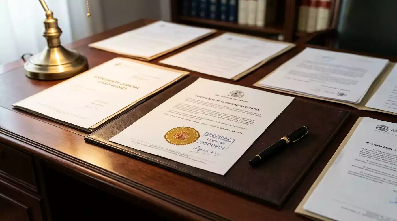 Sello oficial de licencia DGOJ con documentos regulatorios de apuestas en Espana